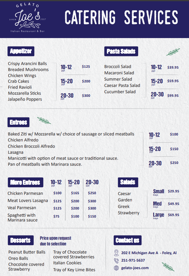Gelato Joes Catering Menu